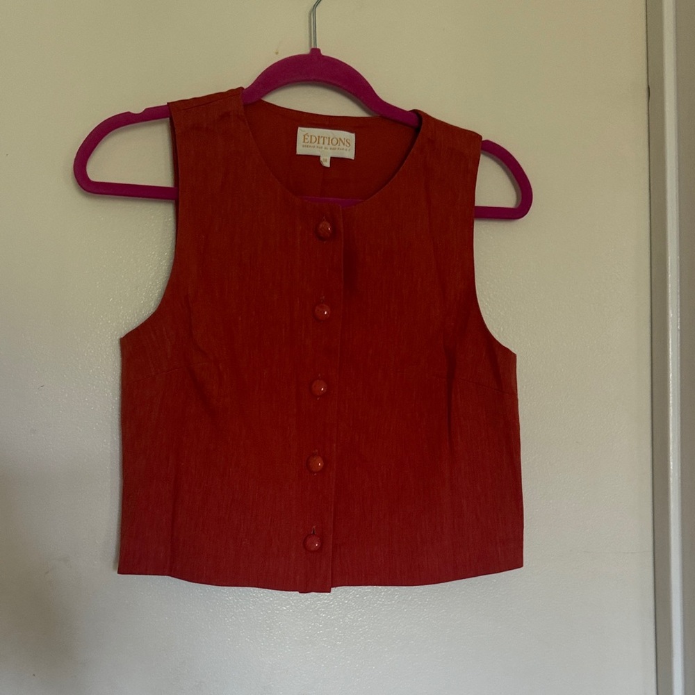 Sezane Red Sleeveless Button-Front Crop Top
